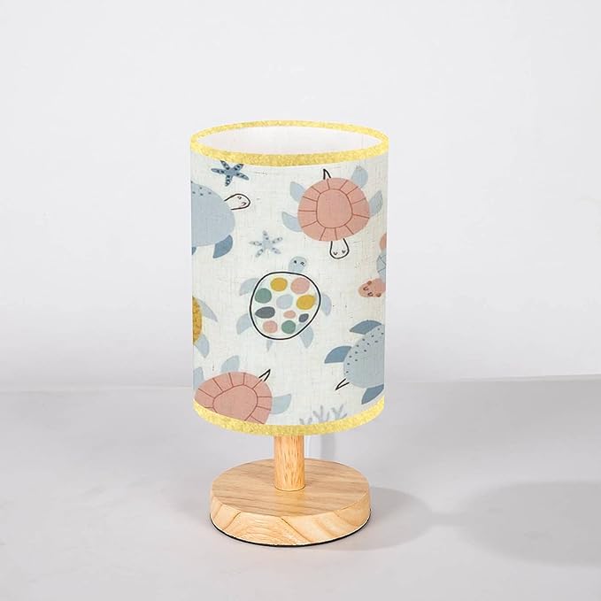 Minimalist Bedside Table Lamp Baby seamless Cute turtles on white Creative scandinavian kids texture Wood Nightstand Lamp Bedside Desk Lamp Wood Base Flaxen Fabric Shade for Bedroom Living Room