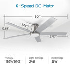 wurzee 60 inch Flush Mount Ceiling Fan Brushed Nickel ceiling fans with lights 6 Speeds DC Reversible Motor, Timing, Dimmable, 5 Blades for Bedroom,Living Room Dining Room Patio
