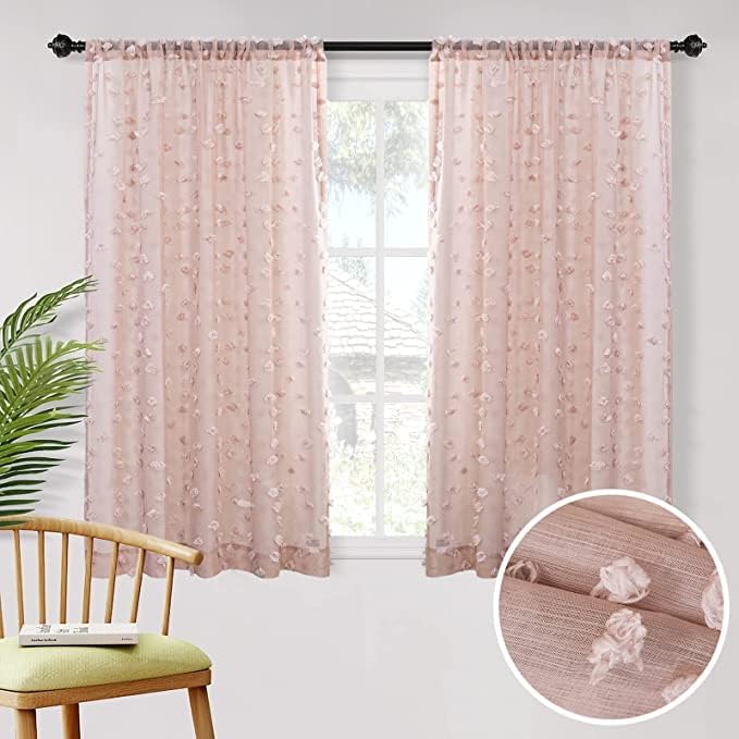 MYSKY HOME Pom Pom Pink Sheer Curtains for Bedroom Girls Room Dusty Rose Curtains 63 inch Length for Nursery Kids Light Filtering Boho Window Drapes, Rod Pocket, 38" Wide, 2 Panels