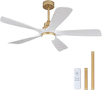 BOJUE 52 Inch Ceiling Fans with Lights and Remote Control, White Gold Ceiling Fan with Light for Bedroom, Noiseless DC Motor, Dimmable Led 5 Solid Wood Blades