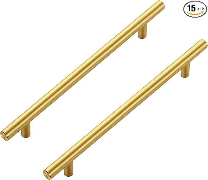 JOY DECOR 15 Pack Cabinet Handles, Gold Cabinet Pulls, 7-1/2 in Hole Center Kitchen Cabinet Handles, Stainless Steel T Bar Handles for Dresser Drawers