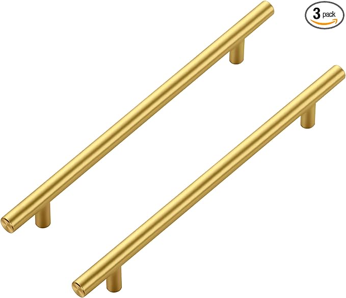 JOY DECOR 3 Pack Cabinet Handles, Gold Cabinet Pulls, 7-1/2 in Hole Center Kitchen Cabinet Handles, Stainless Steel T Bar Handles for Dresser Drawers