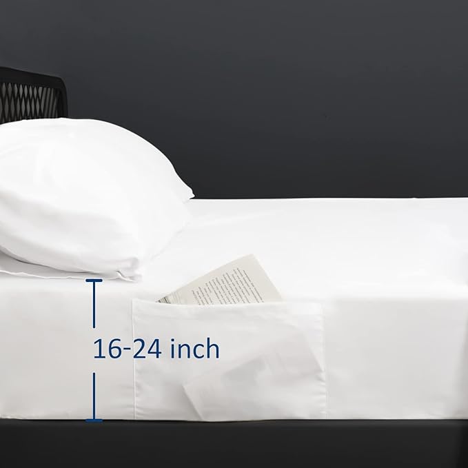 Extra Deep Pocket Air Mattress King Sheet Set - 3Pcs Side Storage Pocket Fitted Sheet & Pillowcase King Size Deep Pocket Sheet Set Easily Fits 16in to 24in Pillow Top Air Bed Mattress-White