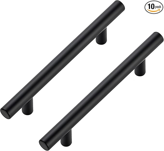JOY DECOR 10 Pack Cabinet Handles, Black Cabinet Pulls, 4 in Hole Center Kitchen Hardware, Stainless Steel T Bar Handles for Dresser Drawers