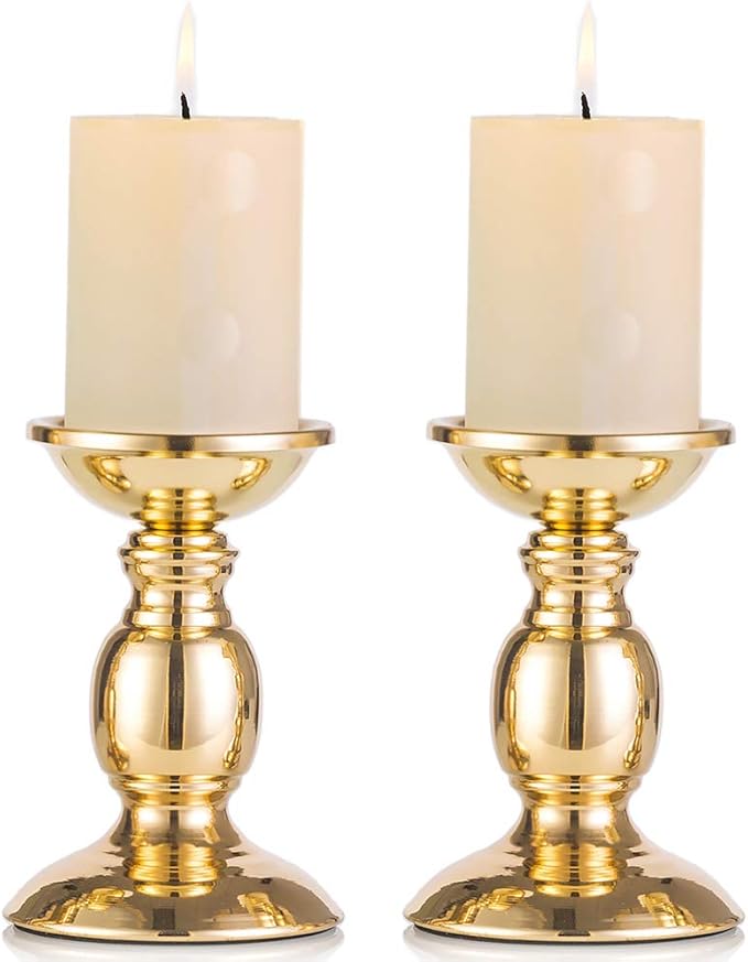 2 Pcs Gold Pillar Candle Holders, Gold Candlestick Most Ideal for 3" Pillar Candles, Gifts for Wedding, Party, Home, Spa, Reiki, Votive Candle (2 x S)