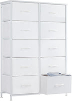 Sweetcrispy 10 Drawer Fabric Dresser Tall Chest Storage Organizer Tower with Cabinet Metal Frame and Wood Top Lightweight Nursery Closet Furniture for Bedroom,Cream White