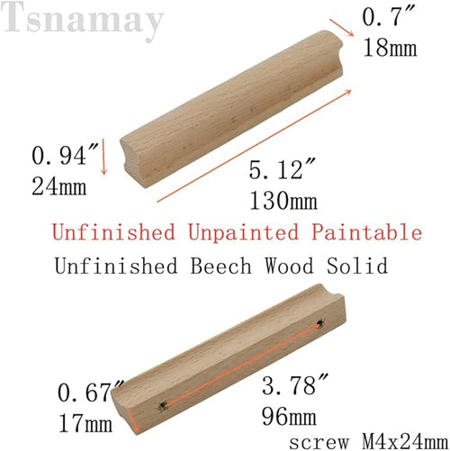 2Pcs Unfinished Beech Wood Solid Furniture Pulls Handles,Unfinished Unpainted Paintable Wooden Handles Cupboard Closet Drawer Handle Pull,Length 5.12",Hole Dis.3.78"