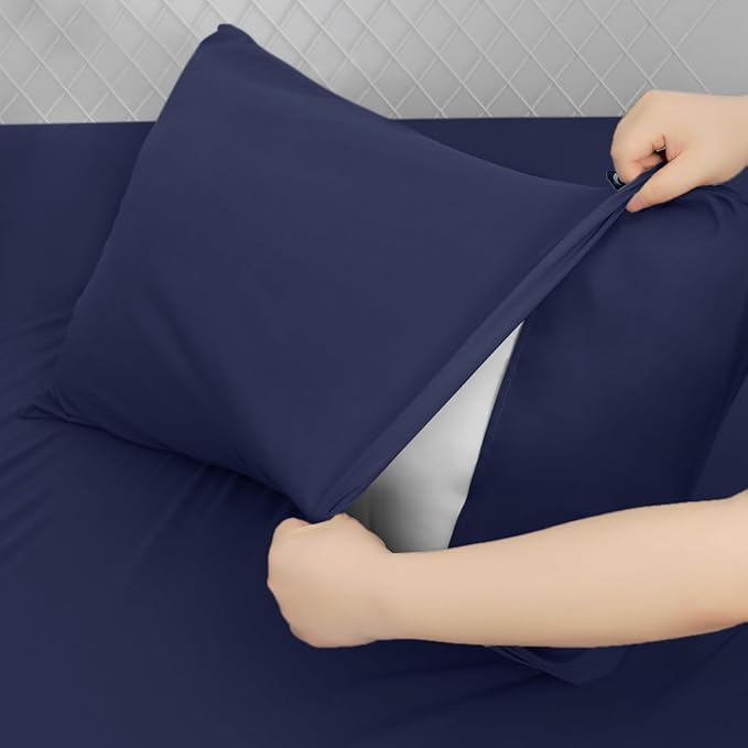 King Size Sheets Set for Air Mattress - Deep Pocket King Sheet Set - 3Pcs Side Storage Pocket Fitted Sheet & Pillowcases Easily Fits 16in to 24in Pillow Top Air Bed Mattress - Navy Blue