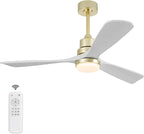 BOJUE 52 Inch Gold Ceiling Fans with Lights and Remote, Dimmable LED Light, Modern Solid Wood Ceiling Fan with Light for Indoor/Outdoor Farmhouse, Bedroom, Patio - Gold Finish and White Blades