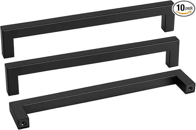Goldenwarm 10 Pack Black Square Bar Cabinet Pull Drawer Handle Stainless Steel Modern Hardware for Kitchen and Bathroom Cabinets Cupboard,Center to Center 10in(256mm) Black Drawer Pulls