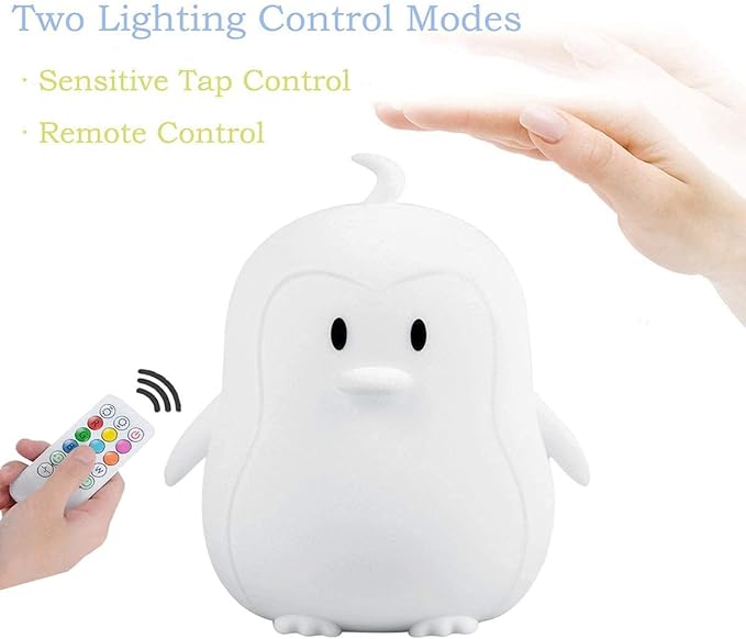 Animal-shaped Big Night Light for Children/Adult, Rechargeable LED Soft Silicone (BPA Free) Bedside Lamp, Adjustable Brightness and 9 Colors by Touch Control & Remote Control (Big Penguin)