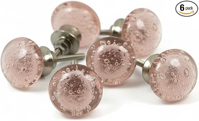 Handmade Bubble Glass Cabinet Knobs - Vintage Decorative, Trendy, Modern Design for Cabinets, Dressers & Furniture - Set of 6 (Pink)