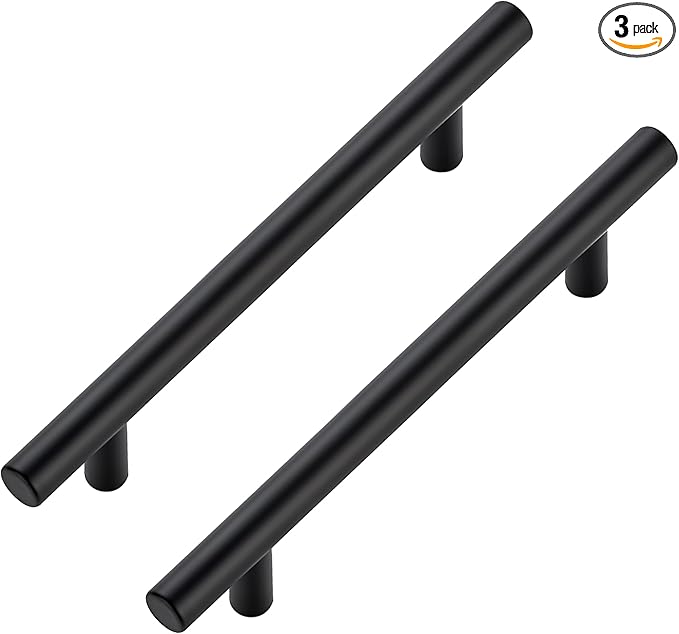 JOY DECOR 3 Pack Cabinet Handles, Black Cabinet Pulls, 5 in Hole Center Kitchen Hardware, Stainless Steel T Bar Handles for Dresser Drawers