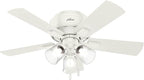 Hunter Fan Company 52152, 42 inch Crestfield Fresh White Low Profile Flush Mount Ceiling Fan with Lights LED and Pull Chain