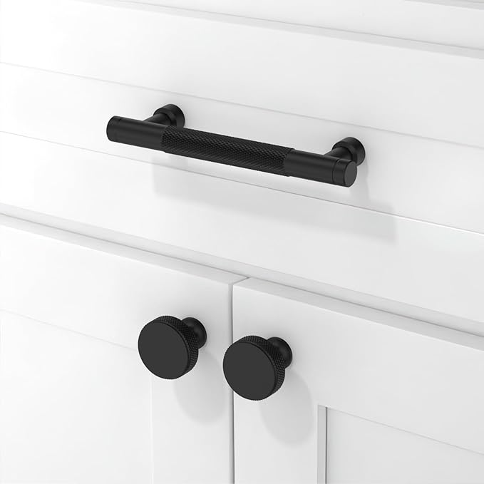 10 Pack Matte Black Knurled Cabinet Pulls 3.75 Inch(96mm) Kitchen Cabinet Handles Solid Zinc Alloy Cabinet Hardware Drawer Pulls