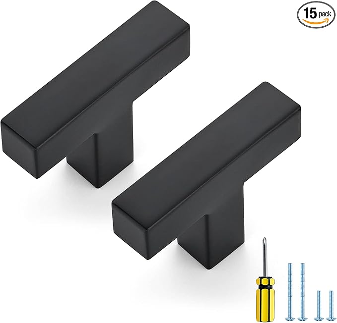 Ravinte 15 Pack Black Cabinet Pulls Single Hole Square Kitchen Cabinet Handles Matte Black Kitchen Hardware for Drawer Pulls Drawer Handles Come with Screwdriver