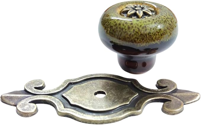 5 Pack Retro Ceramic Knobs,Vintage Dresser Kitchen Petal Cabinet Pulls Rustic Zinc Alloy Base Back Plate Kid Cupboard Wardrobe Drawer Door Handles (Leopard Print Green)