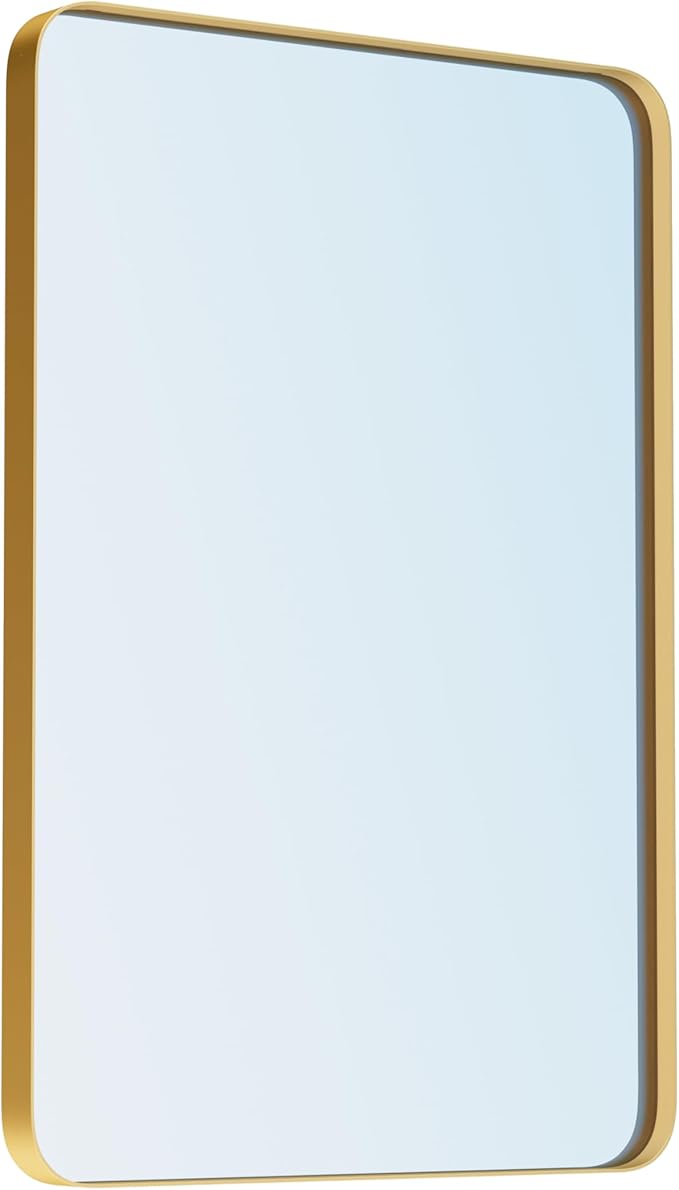 VocalStar Gold Bathroom Mirror for Wall, 24 x 36 Inch Metal Framed Rounded Rectangle Vanity Mirror Modern Farmhouse, 1/4-inch Shatterproof Glass | Ultra-Flush Hanging