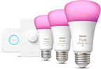 Philips Hue Smart Light Starter Kit - Includes (1) Bridge, (1) Smart Button and (3) Smart 75W A19 LED Bulbs - White and Color Ambiance - 1100LM - E26 - Control with Hue App or Voice Assistant