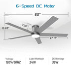 wurzee 60 Inch Flush Mount Ceiling Fan, Matte Silver Low Profile Fan Reversible DC Motors, Dimmable, Timer, Noiseless, Ceiling Fan for Indoor & Outdoor Bedrooms, Living Rooms