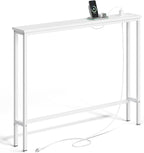 ELYKEN 5.9" Narrow Console Sofa Table with Power Outlets, 5.9" Dx39.4 Wx31.1 H Long Couch Table with Metal Frame and Charge Station with 6.5’ Extension Cord, White