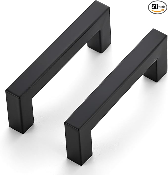 JOY DECOR 50 Pack Cabinet Handles, Black Cabinet Pulls, 3 Inch Kitchen Closet Handles Square Drawer Pulls Stainless Steel Drawer Hardware, 76mm Hole Centers