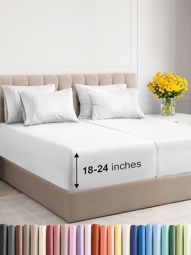 Extra Deep Split King Sheet Set - 7 Piece Breathable & Cooling Sheets - Hotel Luxury Bed Sheets Set - Easy & Secure Fit - Soft, Wrinkle Free & Comfy Sheets Set - White Sheet Set w/Extra Deep Pockets