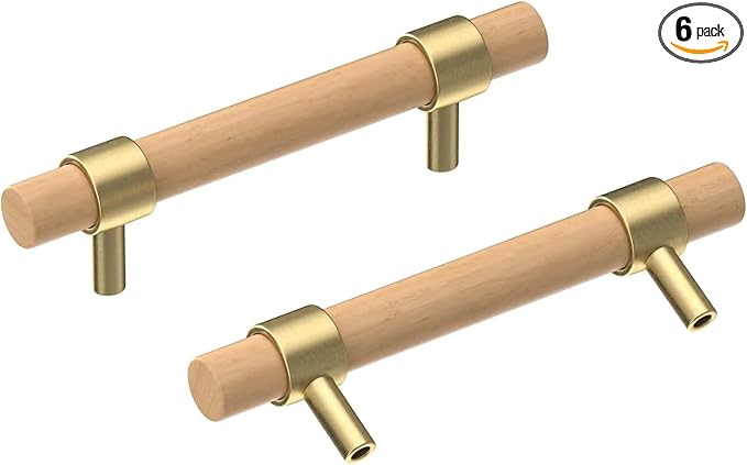 Wooden Drawer Pulls,6-Pack Beech Wood Drawer Handles 5in,Suitable for Kitchen, Living Room, Bedroom, Bathroom and Other Scenes,Gold