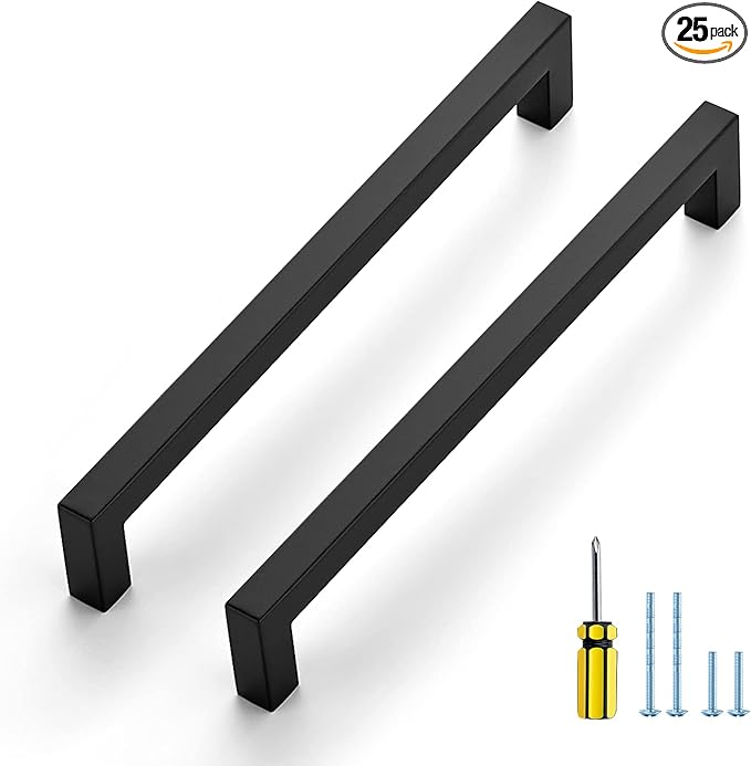 Ravinte 25 Pack Black Cabinet Pulls 8 Inch Square Kitchen Cabinet Handles Matte Black Kitchen Hardware for Drawer Pulls Drawer Handles Come with Screwdriver