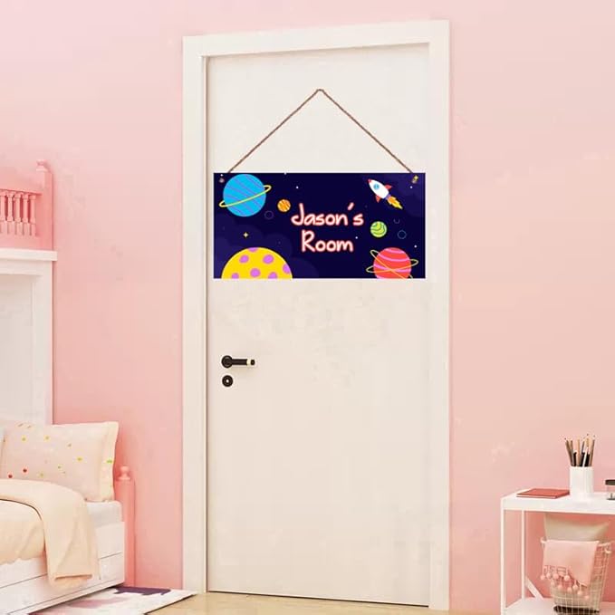 Personalized Outer Space Sign Universe Theme Door Décor For Kids Room Custom Name Little Man Cave Wall Art Decor, Planet Rocket Floral Nursery Art Plate For Girls Room Boys Bedroom