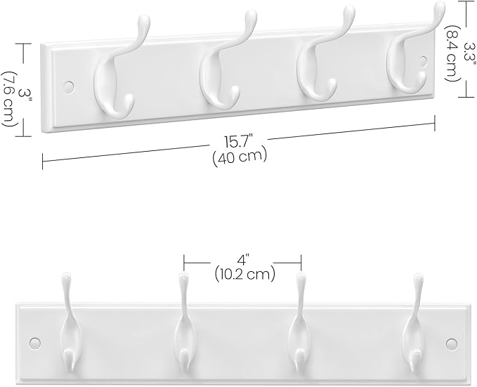 SONGMICS Wall-Mounted Coat Rack, Hook Rack, 4 Dual Metal Hooks, for Coats, Bags, Keys, in the Entryway, Bedroom, Living Room, White ULHR23WT