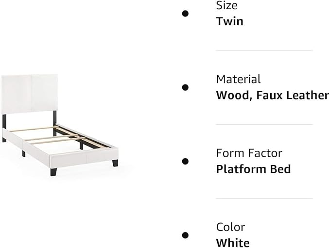 Furinno FB19821TWH Pessac PU Leather Upholstered Platform, Twin, White