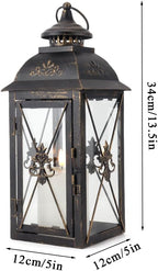 TRIROCKS Decorative Hanging Lantern 13.5'' High Vintage Metal Candle Holder with Tempered Glass Perfect for Living Room Garden Yard Patio Parties Events Indoors Outdoors (Black)