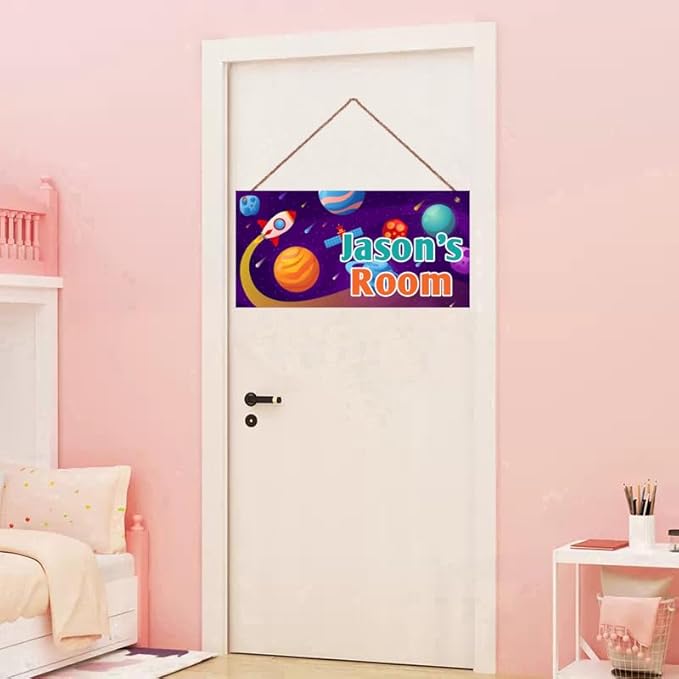 Personalized Rocket Sign Outer Space Themed For Kids Room Nursery Baby Playroom Door Decor,Custom Name Stars Satellite Wall Decor Decorative Plate for Boys Room Girls Bedroon