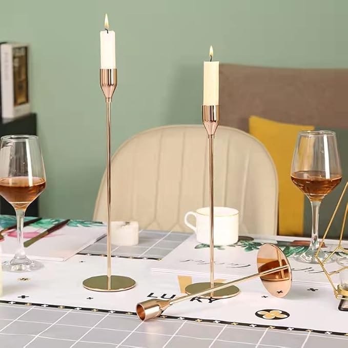 French Honey Gold Taper Candle Holders,Set of 6 Tall Taper Candlestick fit for 3/4" Thick Pillar Candle&Led Modern Metal Candle Stands Decorative Table Centerpieces for Dinning Party Church,Decorative