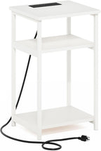 Furinno Moretti Side Table, 3-Tier End Table with Charging Station, Metal Frame Night Stand, Bedside Table with USB and Type-C Charging Port, for Living Room, Bedroom, White