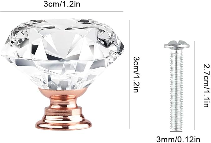 Tomorotec Set of 12 Rose Gold Base Crystal Clear Glass Drawer Pulls - 30mm Pink Diamond-Shaped Cupboard Knobs with Screws for Kitchen, Dresser, Bathroom and Wardrobe Cabinets