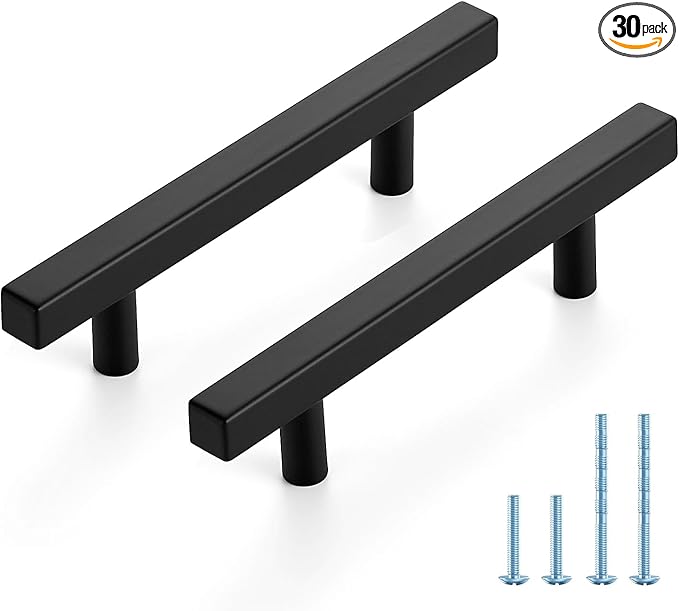 JOY DECOR 30 Pack 3-3/4 Inch Matte Black Square Cabinet Handles Stainless Steel Cabinet Hardware Pulls for Kitchen and Drawers with 6 Inch Overall Length