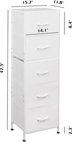 WLIVE Fabric Dresser, 5-Drawer Tall Dressers for Bedroom, Storage Dresser Organizer with Fabric Bins, Wood Top, Sturdy Steel Frame, Chest of Drawers for Closet, Hallway, White