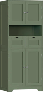 Iwell 58" H Tall Bathroom Storage Cabinet with 2 Drawers & 2 Adjustable Shelves, Bathroom Cabinet with 4 Doors, Tall Cabinet for Living Room, Dining Room, Entryway, Forest Green