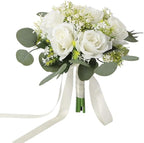 Wedding Rose Bouquet Bridesmaid Flower Bouquets, Artificial Rose White Wedding Bouquets for Bride Bridesmaid Bouquet Faux Bouquet Bride Bridesmaid Holding Flower for Wedding Decor