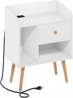 Furinno Claude Side Table, Mid Century End Table with Charging Station, Wooden Legs Night Stand, Bedside Table with USB and Type-C Charging Port, for Living Room, Bedroom, White
