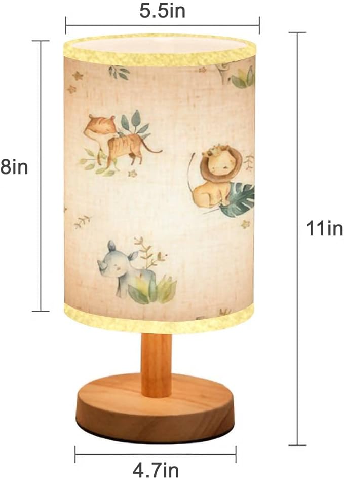 LOPYEIJFG Minimalist Bedside Table Lamp Safari Animals Watercolor Cute Baby Nursery Seamless Wood Nightstand Lamp Bedside Desk Lamp Wood Base Flaxen Fabric Shade for Bedroom Living Room, 5.5x11inch