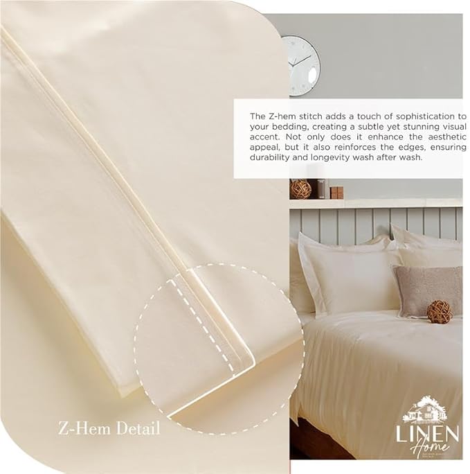Linen Home 100% Cotton Percale Sheet Set Pack of 2, Queen Size, Ivory, Deep Pocket, 8 Pieces Set - 2 Flat, 2 Deep Pocket Fitted Sheet and 4 Pillowcases, Crisp Cool and Strong Bed Linen