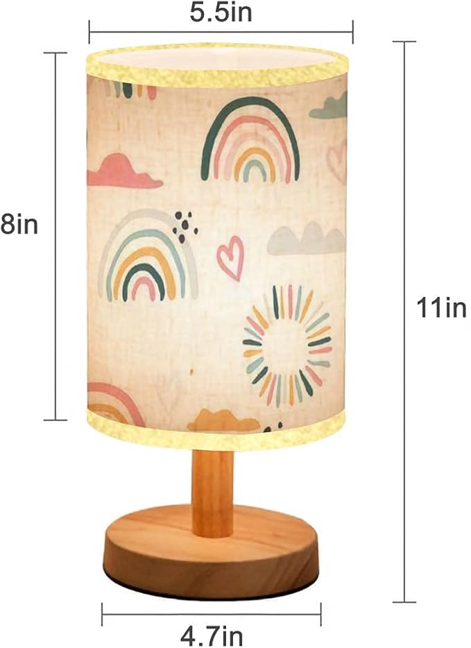 LOPYEIJFG Minimalist Bedside Table Lamp Seamless with Hand Drawn Rainbows and Sun Trendy Baby Texture for Wood Nightstand Lamp Bedside Desk Lamp Wood Base Flaxen Fabric Shade for Bedroom Living Room