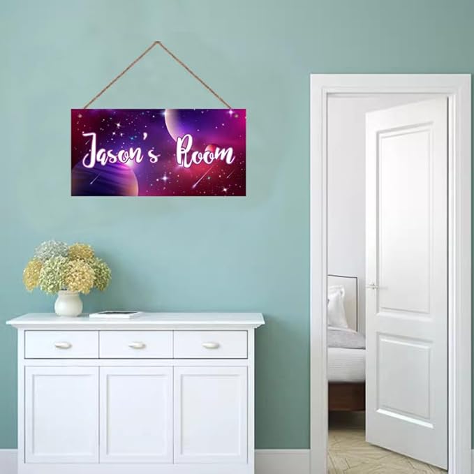 Personalized Outer Space Sign Universe Planet Theme Door Décor For Kids Room Custom Name Little Man Cave Wall Art Decor, Stars Floral Nursery Art Plate For Girls Room Boys Bedroom