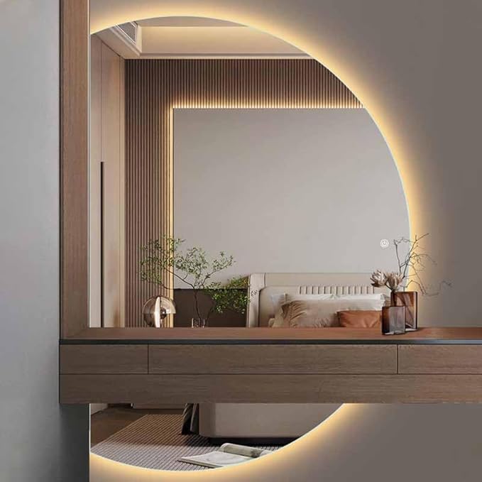 Half Moon LED Bathroom Mirror, Frameless Backlit Wall Mirror, Anti-Fog Smart Vanity Mirror,3 Colors Lights Dimmable Brightness and Time,Touch Switch (Right Semicircle, 110 * 77)
