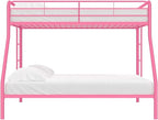 DHP Dusty Metal Bunk Bed Frame, Twin-Over-Full for Kids, Teens, Adults, Angled Ladder, Guardrail, No Boxspring, Small Spaces, Pink