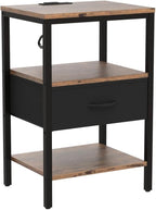 SUPERJARE Nightstand Set of 2, Bed Side Tables with Charging Station, Adjustable Fabric Drawer, Night Stand for Bedroom, 3-Tier Storage End Tables, for Living Room, Rustic Brown and Black