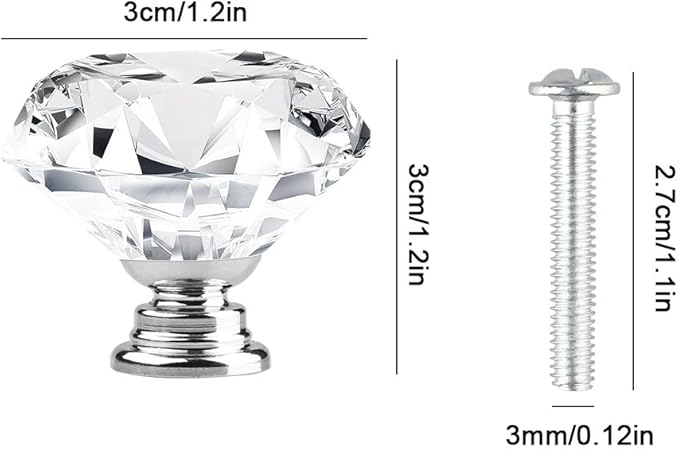 [12 PCS] 30mm Crystal Clear Glass Cabinet Drawer Pulls, Attom Tech Diamond Shape Cupboard Knobs with Screws for Kitchen, Dresser, Cupboard, Bathroom, Wardrobe (1.2 inch / 30 mm)